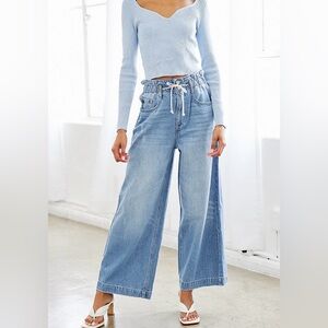 Ultra High-rise Wide-Leg Light Blue Jeans with Elastic Waist Drawstring